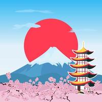 Illustration vector with an Asian temple and mountains. Japan, cherry blossom, Mount Fuji