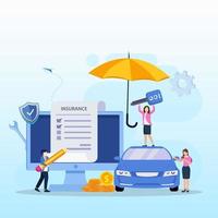 formulario de póliza de seguro de automóvil con paraguas. agente de seguros, vector de protección, daño o colisión