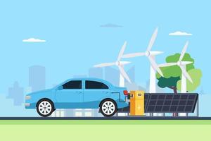 The electric machine is charged from the charging station. Solar panels and wind generators. Eco green energy. Flat vector