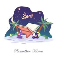 Ramadhan Kareem concept illustration. Happy Muslim people celebrate Holy Month Ramadhan, Eid Mubarak greeting. Flat vector template Style for Web Landing Page, Background.