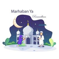 Ramadhan Kareem concept illustration. Happy Muslim people celebrate Holy Month Ramadhan, Eid Mubarak greeting. Flat vector template Style for Web Landing Page, Background.