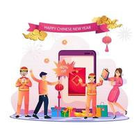 Chinese new year shopping concept, Sales and discounts. with girl and boy holding megaphone near big smartphone. Flat vector