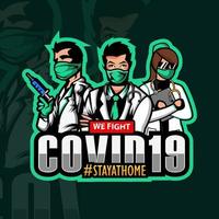 a set mascot character COVID-19 prevention. Doctor team wearing surgical face mask fighting with sign Stop COVID-19 and Fight Virus, Idea for corona virus outbreak, prevention and aware