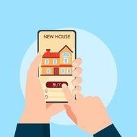 House home buy or rental web app with online choosing check mark notice on mobile phone person hand vector flat cartoon, rent or sell apartment or real estate agency application on smartphone