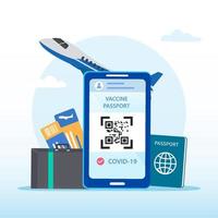 un pasaporte y un teléfono inteligente con certificado de vacunación contra la enfermedad covid-19. concepto de pasaporte de salud. viajar el mundo. vector plano