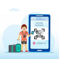 un pasaporte y un teléfono inteligente con certificado de vacunación contra la enfermedad covid-19. concepto de pasaporte de salud. viajar el mundo. vector plano