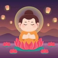 Meditating Monk Basked in Pretty Lantern Lights vector