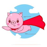 lindo superhéroe de cerdo volando con ilustración de dibujos animados de personaje de capa roja vector