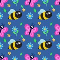 Seamless pattern with butterfly, bee and flowers. Repeating vector pattern with insects. An idea for holiday invitations,children's creativity, for paper, fabric, textiles, gift wrapping, advertising.