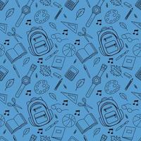 Vector seamless pattern with school accessories, satchel, glasses, paints, notebook, eraser, watch, ruler, scissors.Vector illustration.