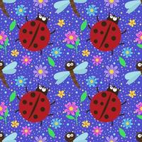 Seamless pattern with fly, ladybug and flowers. Repeating vector pattern with insects. An idea for holiday invitations, children's creativity, for paper, fabric, textiles, gift wrapping, advertising.