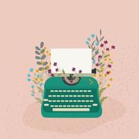 Green typewriter and meadow flowers. vector