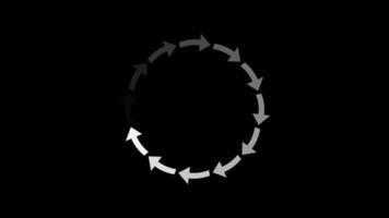 Animation of white arrow icon that are arranged around each other in a circle on black background. Indicator for loading progress. Seamless looping. Video animated background.