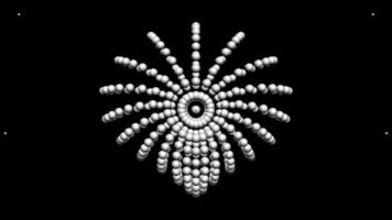 animación de partículas blancas que se organizan unas alrededor de otras en un círculo sobre fondo negro. movimiento de fuegos artificiales blancos abstractos, fondo animado en video.