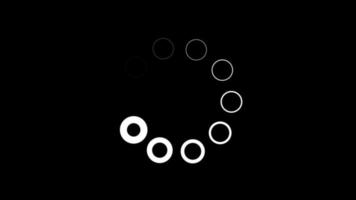 Animation of white circle line icon that are arranged around each other in a circle on  black background. Indicator for loading progress. Seamless looping. Video animated background.