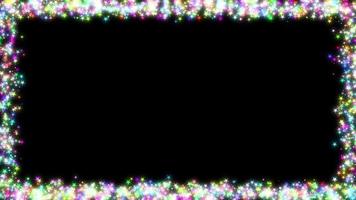 Colorful rectangular frame with light effect of small star shape gathered on black background with copy space. Video animated background.