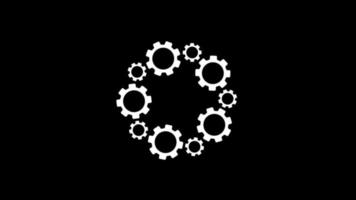 Animation of white gear icon that are arranged around each other in a circle on black background. Indicator for loading progress. Seamless looping. Video animated background.