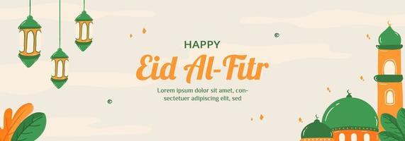 plantilla de banner de eid mubarak con concepto de mezquita y linterna. dibujado a mano y estilo plano vector