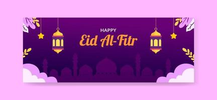 Eid  Mubarak Banner Template  With Lantern and Mosque Concept. Hand Drawn And Flat Style