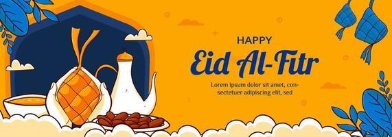 Plantilla de banner de eid mubarak con concepto de ketupat y kurma. dibujado a mano y estilo plano vector