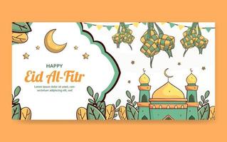 plantilla de banner de eid mubarak con ketupat y concepto de mezquita. dibujado a mano y estilo plano vector