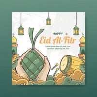 Eid  Mubarak Social Media Post Template  With Ketupat and Bedug Concept. Hand Drawn And Flat Style vector