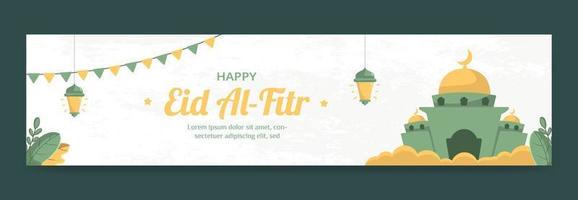 plantilla de banner de eid mubarak con concepto de mezquita y linterna. dibujado a mano y estilo plano vector