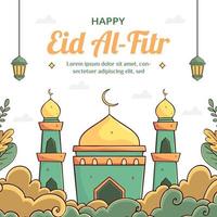 plantilla de publicación de redes sociales de eid mubarak con concepto de mezquita y linterna. dibujado a mano y estilo plano vector