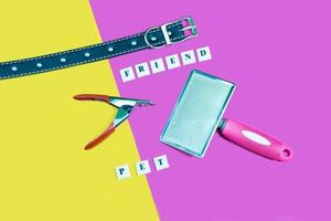 Pets are friends concept. Collars and brush nail scissors for dog or cat on yellow and pink background. photo