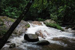 Flowing waterfall over rocks inside tropical rainforest.