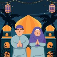 feliz eid al fitr caricatura plana con pareja de personajes vector