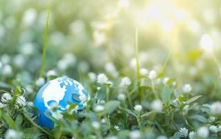 Close up of mini world ball with nature green leaf on blurred greenery background under sunlight with bokeh and copy space using as background natural plants landscape, ecology wallpaper concept. photo