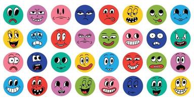 conjunto de caras cómicas de dibujos animados en estilo retro con diferentes expresiones de emociones. iconos redondos abstractos de cabezas de personajes emocionales. Animación de gente emoji al estilo de los años 20 y 30. vector