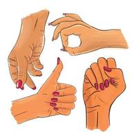 Vector set of female asian hands and gestures. Woman hand collection - stock sketch line illustration isolated on white background. Thumbs up, snapping finger, ok, clenched fist.