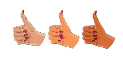 Hand gesture, thumbs up, pop art sketch, white, afro american, asian set. Hand drawn female white hand with red nails. Sticker, print design vector stock illustration isolated on white background.