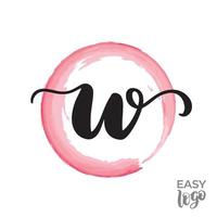 Abstract handwritten calligraphy letter W logo design template. Universal icon. Pink watercolour circle on background. vector