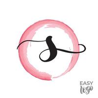 Abstract handwritten calligraphy letter S logo design template. Universal icon. Pink watercolour circle on background. vector