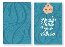 Sleeping girl with freckles and very long blue hair. Lettering inscription. Vector stock illustration, postcard, print, business card, certificate. Dreamy concept for a hairdresser, colorist.