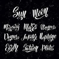 Planet lettering set. Planets names - mercury venus earth, mars jupiter saturn uranus neptune pluto. Vector astronomic abstract objects - sun, moon, asteroid. Calligraphy stock illustration.