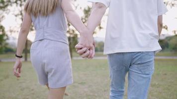 vy bakifrån av glada par som håller hand medan de pratar en promenad tillsammans genom den gröna naturparken. lycka människor livsstil, ung ålder relation mål, romantiskt par video