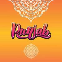 Punjab Handwritten stock lettering typography. States of India.Calligraphy for logotype badge icon card postcard logo, banner, tag. Vector illustration EPS10. Mandala orange multicolor bright gradient