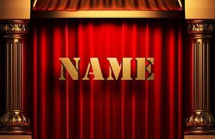 name golden word on red curtain photo