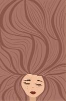 Sleeping girl with freckles and very long brown hair, brunette. Vector stock illustration, postcard, print, business card, certificate. Dreamy concept for a hairdresser, colorist.