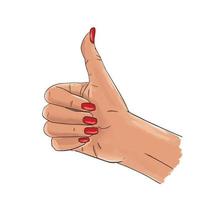 Hand gesture, thumbs up, pop art sketch. Hand drawn female white hand with red nails. Sticker, print design vector stock illustration isolated on white background.