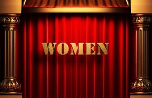women golden word on red curtain photo