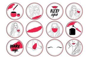 Highlights cover, posts and stories for social media. Beauty icons. Outline. Vector set of logo design templates, icons and badges with cute make up elements, wine