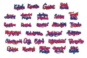 estados de la india. conjunto de letras de stock manuscritas tipografía de degradado brillante multicolor. caligrafía para logotipo insignia icono tarjeta postal logotipo, banner, etiqueta. ilustración vectorial eps10. vector