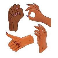Vector set of female hands and gestures. Woman african, afro american hand collection - stock sketch line illustration isolated on white background. Thumbs up, snapping finger, ok, clenched fist.