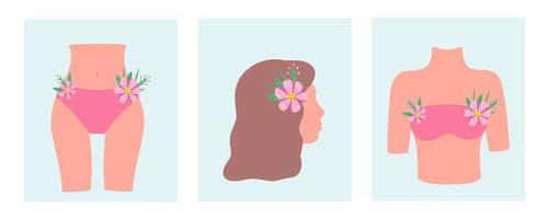 Woman's beauty, bodypositive. Head, hips, torso, breast with flowers. Illustration for printing, backgrounds, covers, packaging, greeting cards, posters, stickers, textile and seasonal design. vector