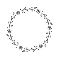 Spring floral wreath isolated on white background. Round frame with flowers. Vector hand-drawn illustration in doodle style. Perfect for cards, invitations, decorations, logo, various designs.